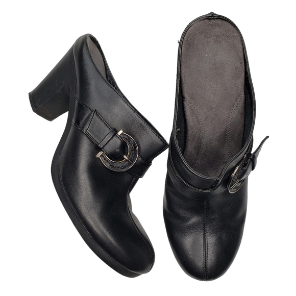 AEROSOLES | Black Leather Round Toe 90s Style Chic Block Heel Clogs Women's 9 - Picture 1 of 9